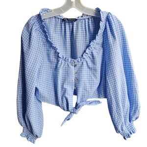 Zara Women's Blue & White Gingham Prairie Boho Cottage Crop Top Tie Front Size M